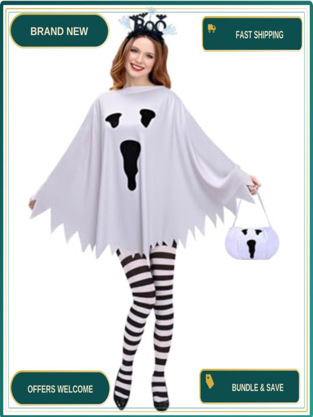 Ghost Poncho Costume Set 4 Piece BOO Headband Tights Candy Bag Halloween Cosplay